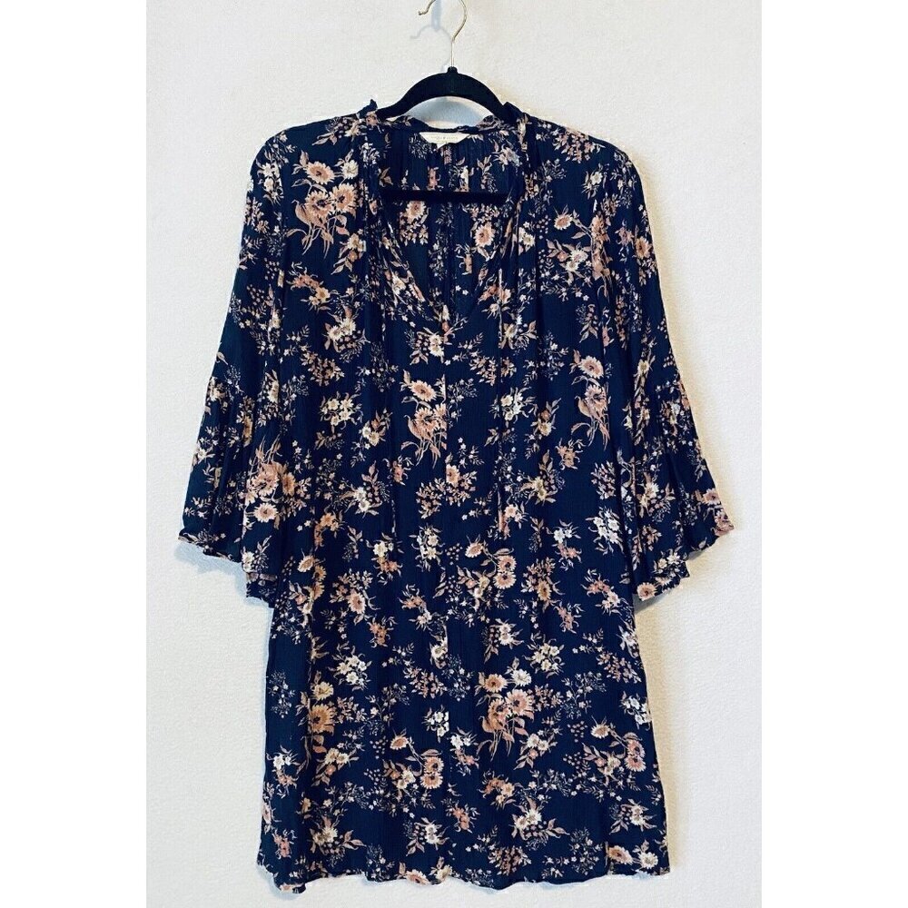 Lucky Dress Womens Medium Blue Floral Tie Neck Bell Sleeve Ruffle Boho Peasant
